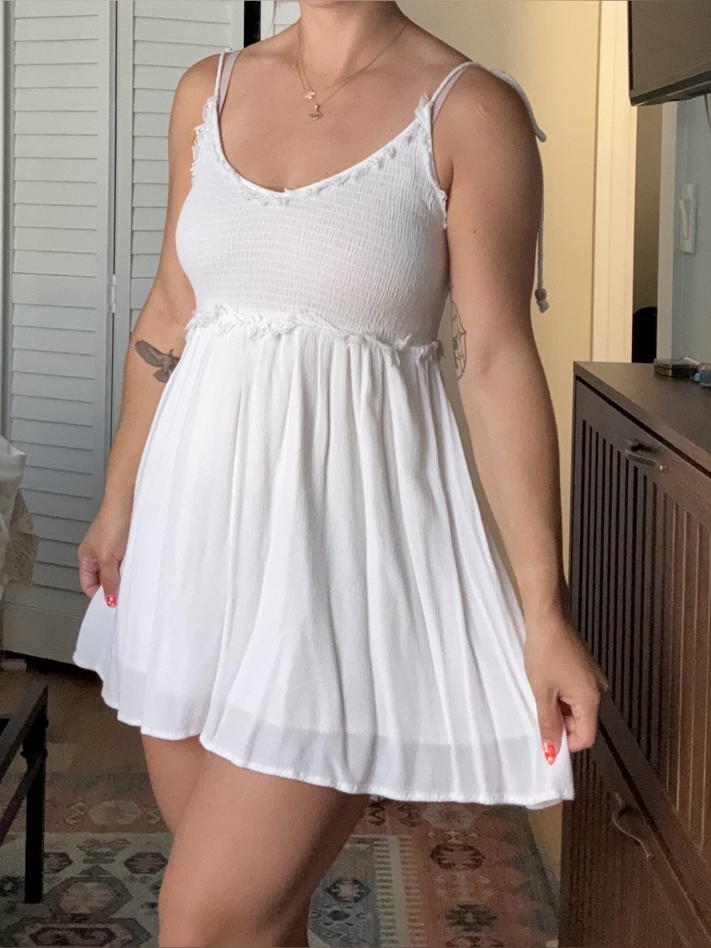 Ron Jon White Tie-Shoulder Smocked Mini Dress